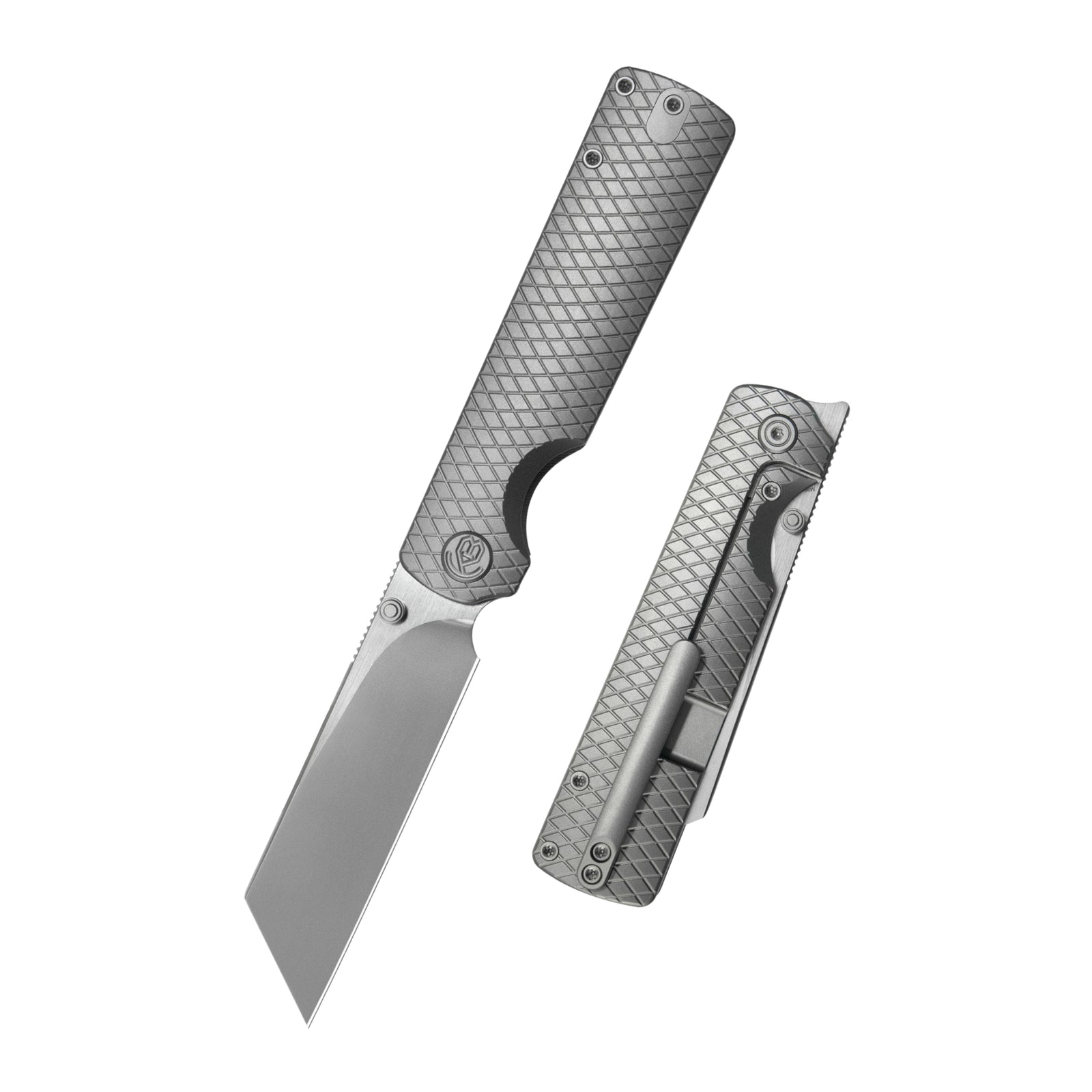 KB Get Some knife in sandblast titanium, shown open and closed